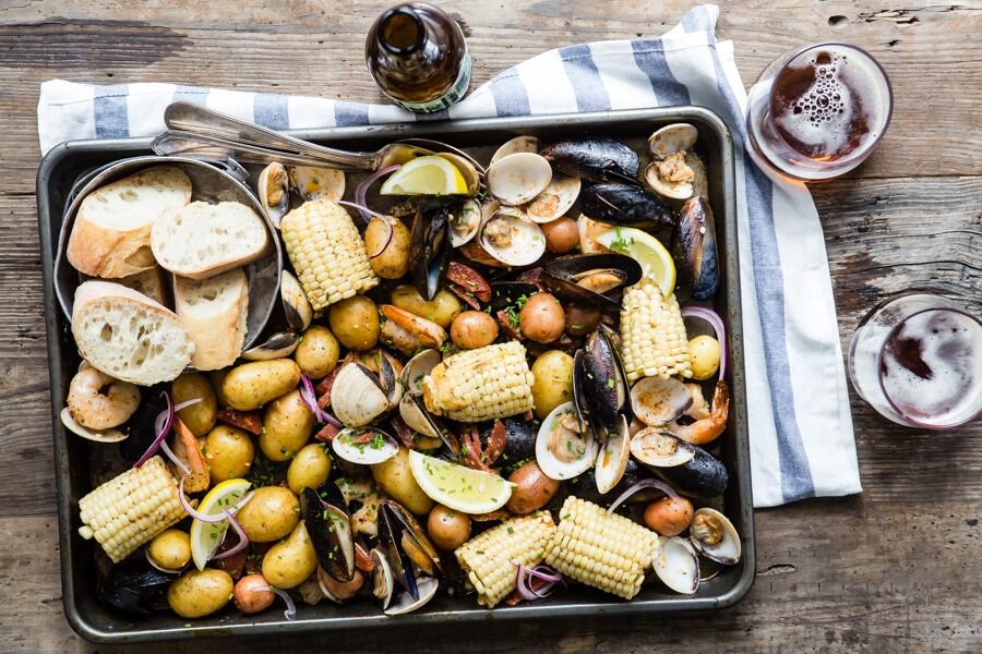 Sheet pan clam bake on a baking sheet.